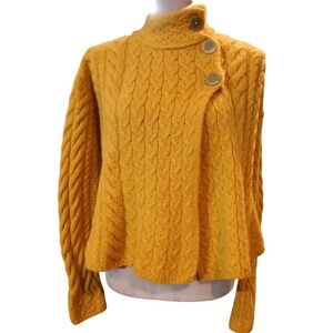 Aran Sweater Market Ireland 100% Merino Wool Yellow Cableknit Cardigan M